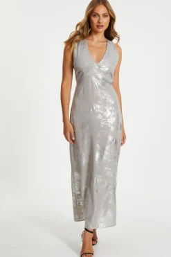 Quiz Prom Dresses|Prom & Ball>Silver Foil Plunge Maxi Dress