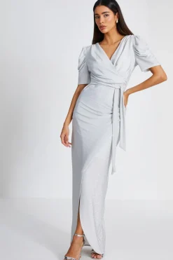 Quiz Prom & Ball|Evening Dresses>Silver Glitter Wrap Maxi Dress