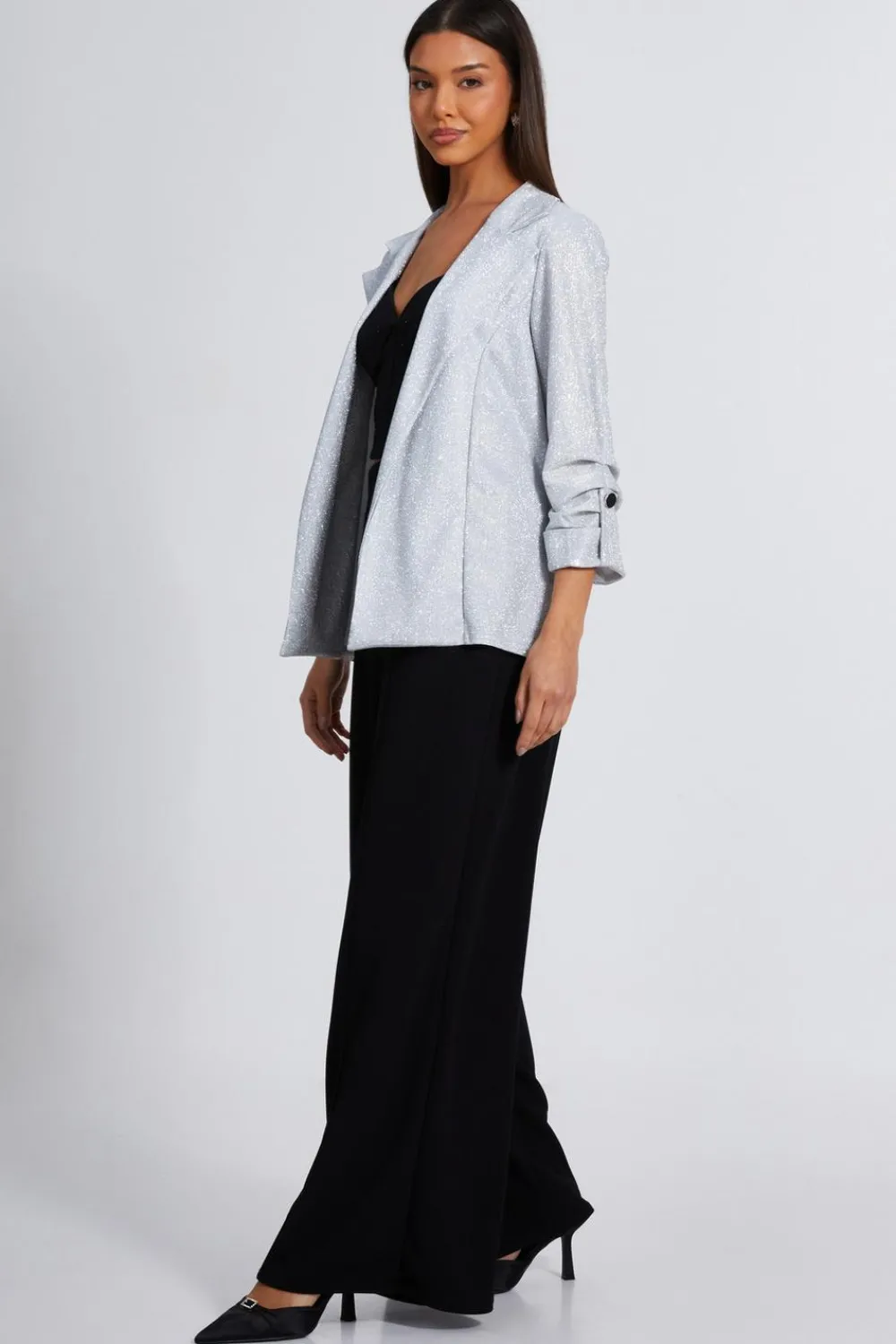 Quiz Jackets & Coats|Casual Clothing>Silver Ruched Sleeve Blazer