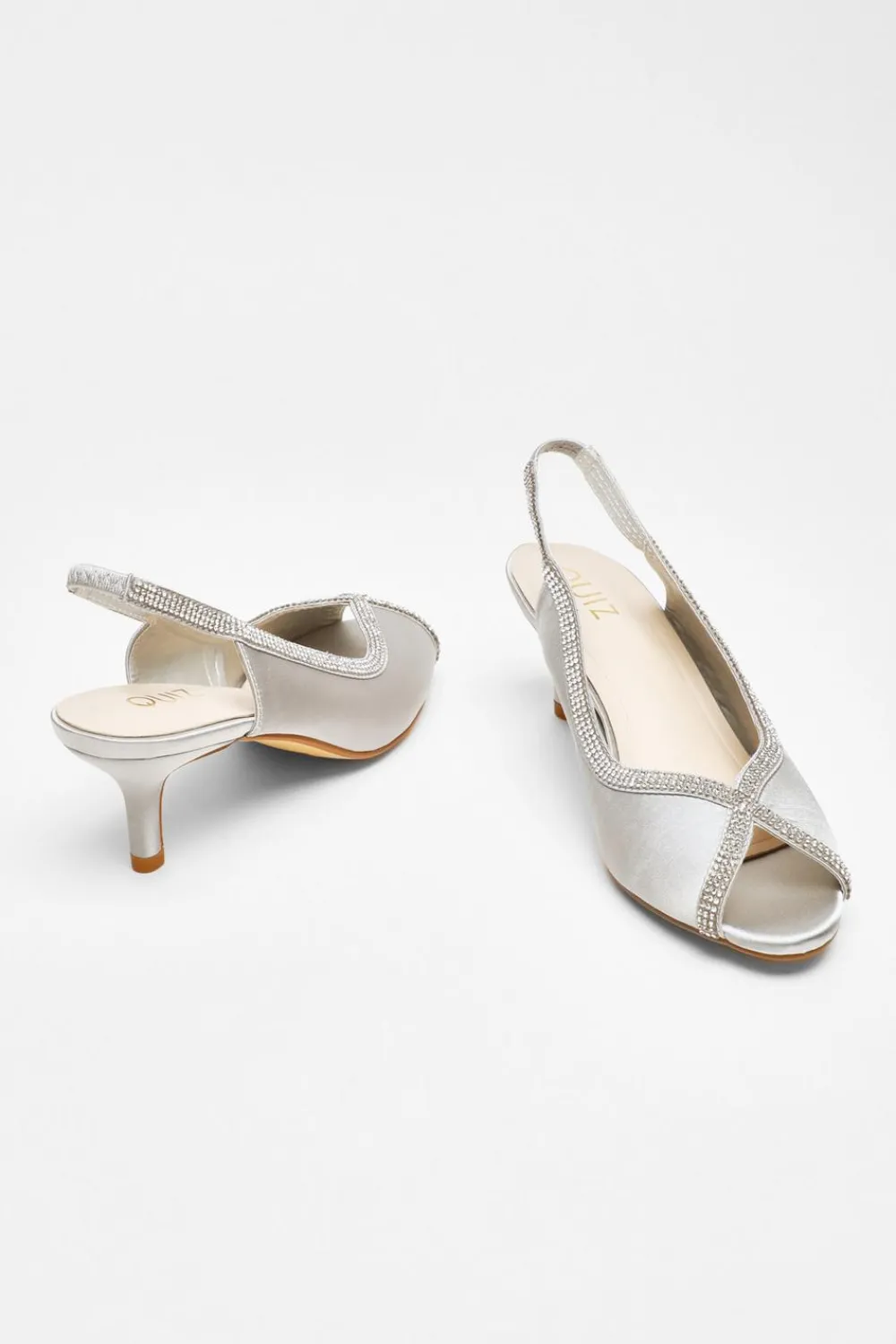 Quiz Occasion Shoes|Heels>Satin Diamante Low Heeled Slingback Heels