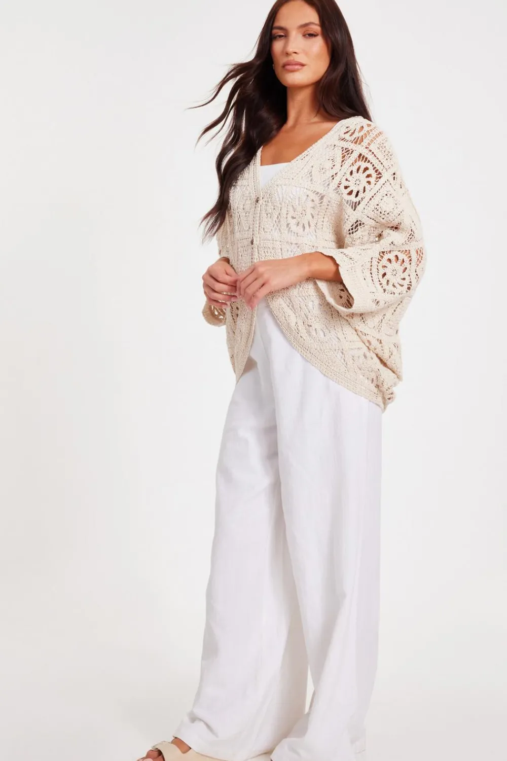 Quiz Summer Tops|Day Tops>Stone Crochet Button Front Cardigan