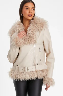Quiz Jackets & Coats|Casual Clothing>Stone Faux Fur Contrast Belted Jacket