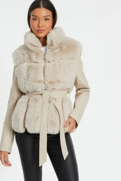 Quiz Jackets & Coats|Casual Clothing>Stone Faux Fur Contrast Belted Jacket