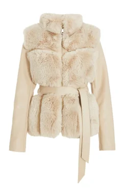 Quiz Jackets & Coats|Casual Clothing>Stone Faux Fur Contrast Belted Jacket