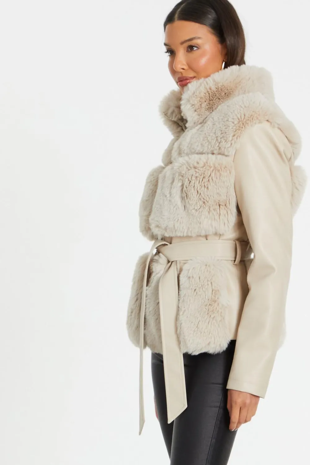 Quiz Jackets & Coats|Casual Clothing>Stone Faux Fur Contrast Belted Jacket