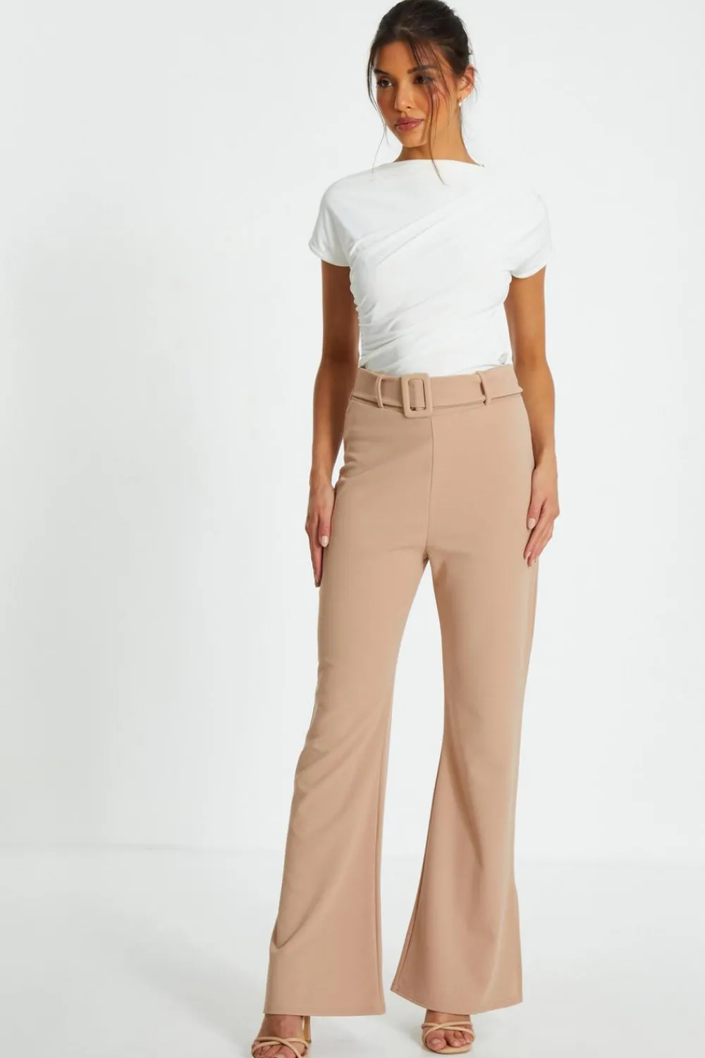 Quiz Workwear|Trousers>Stone High Waisted Split Hem Trousers