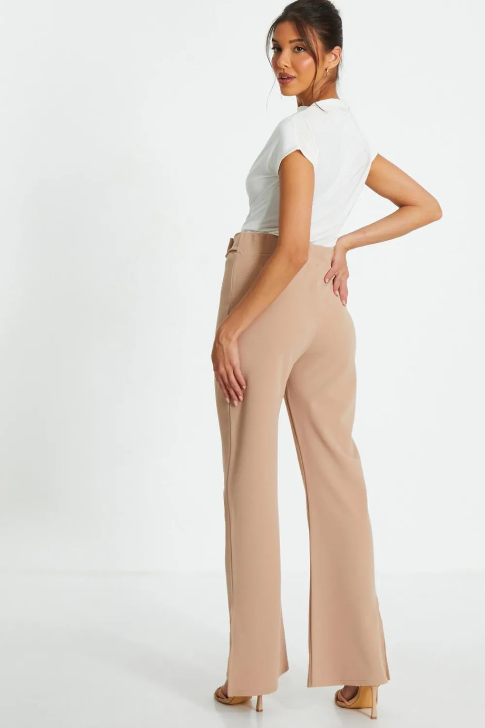 Quiz Workwear|Trousers>Stone High Waisted Split Hem Trousers