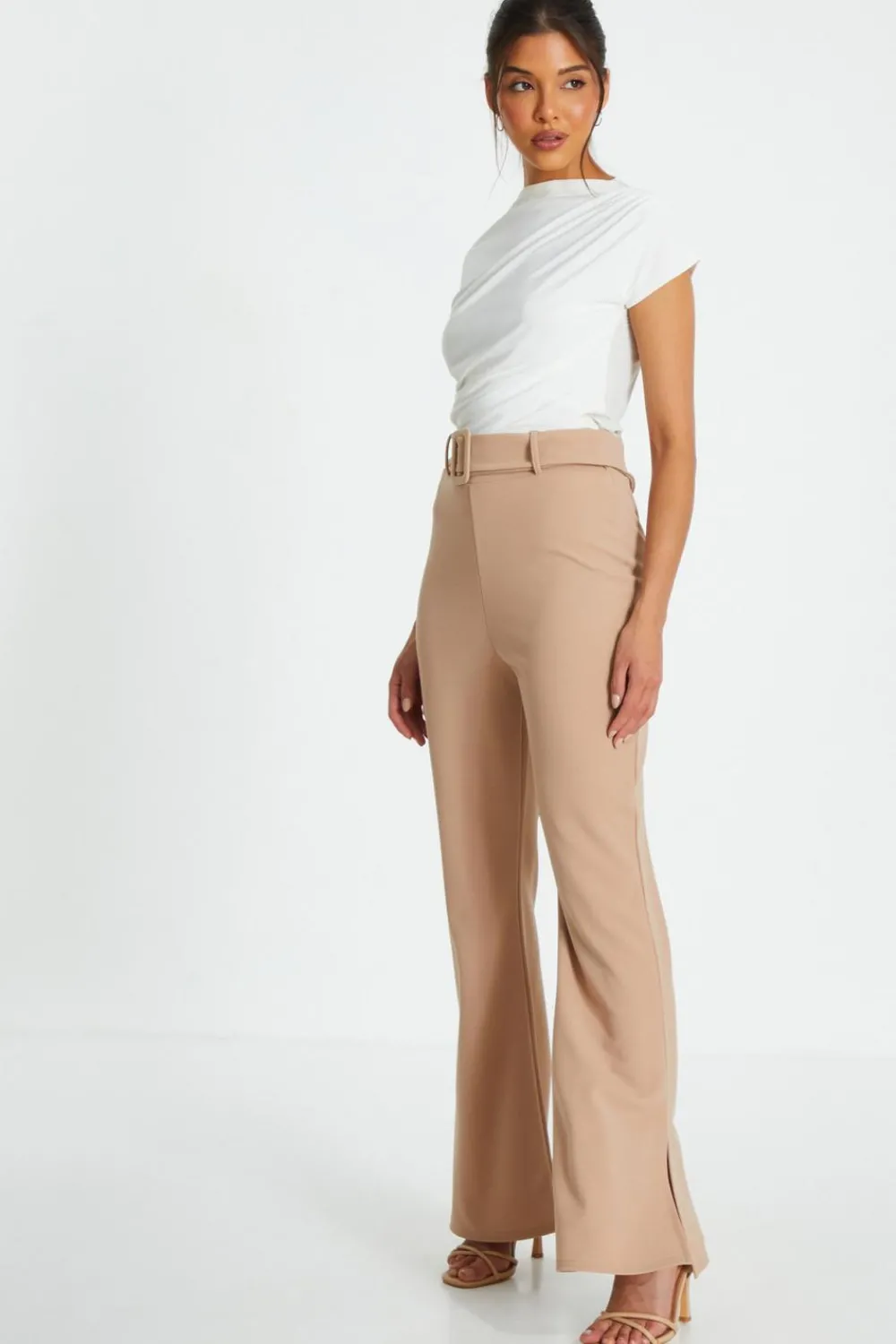 Quiz Workwear|Trousers>Stone High Waisted Split Hem Trousers