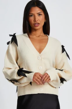 Quiz Tops|Knitwear>Stone Knitted Bow Detail Cardigan