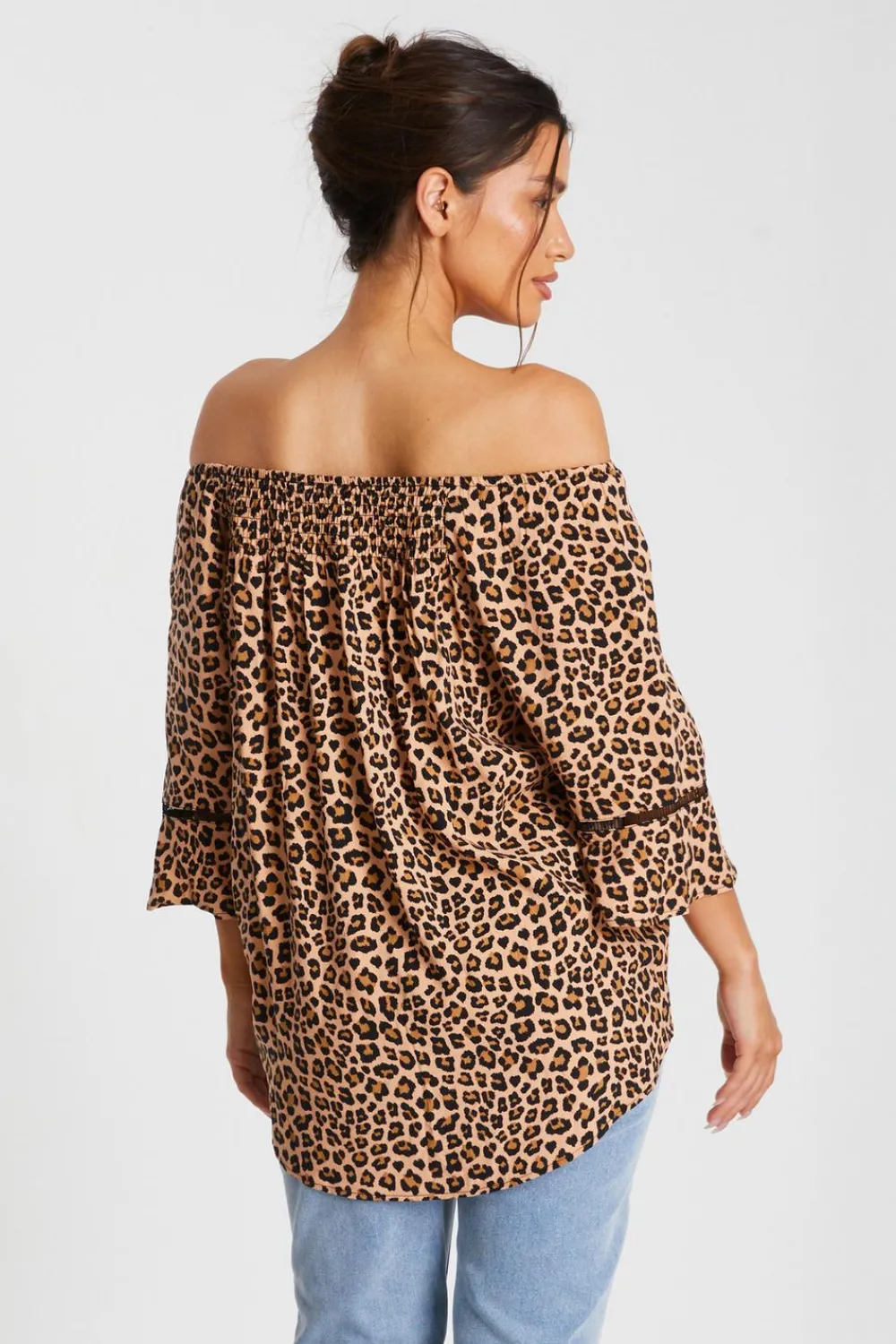 Quiz Bardot Tops|Tops>Stone Leopard Print Bardot Top