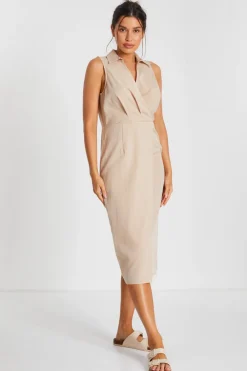 Quiz Workwear|Summer Clothes>Stone Linen Look Midi Shirt Dress