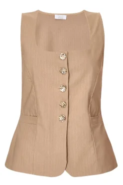 Quiz Waistcoat|Summer Tops>Stone Pinstripe Button Front Waistcoat