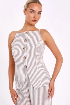 Quiz Waistcoat|Summer Tops>Stone Striped Boat Neck Waistcoat