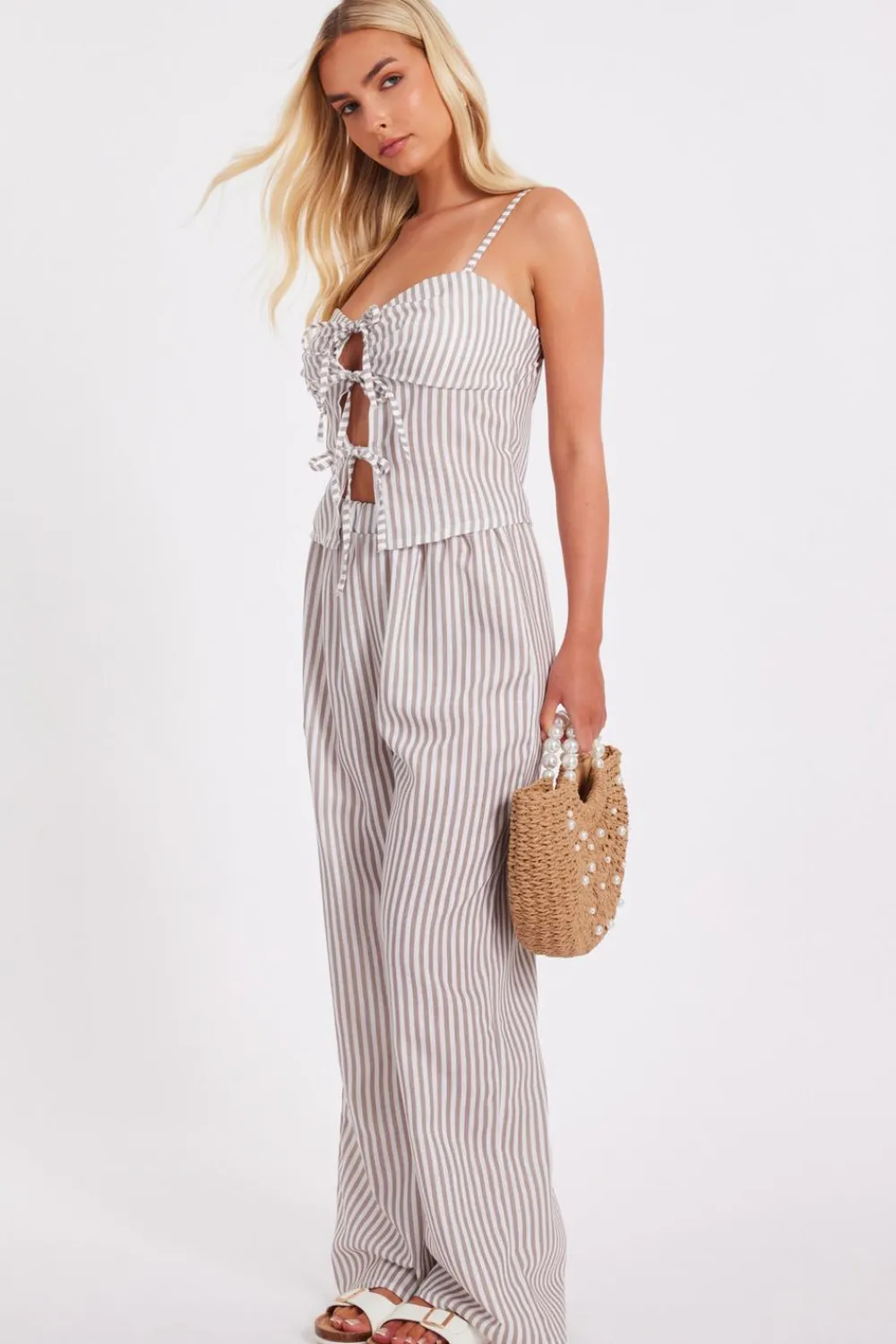 Quiz Trousers|Summer Clothes>Stone Striped Wide Leg Trousers