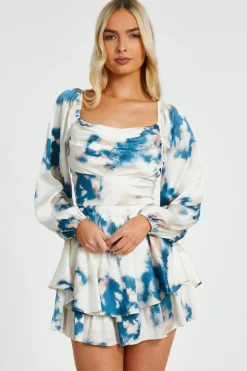 Quiz Playsuits|Summer Clothes>Teal Smudge Satin Playsuit