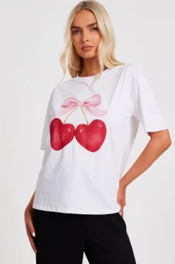 Quiz T-Shirts|Day Tops>White Cherry Print Boxy Top