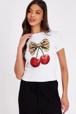 Quiz T-Shirts|Going Out Tops>White Cherry Print Crop Top