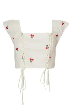 Quiz Summer Tops|Going Out Tops>White Cherry Print Crop Top