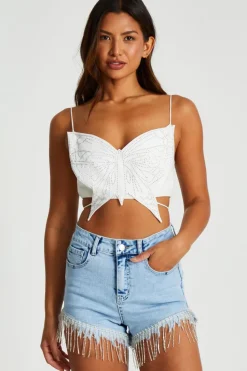 Quiz Going Out Tops|Crop Tops>White Diamante Butterfly Tie Back Top