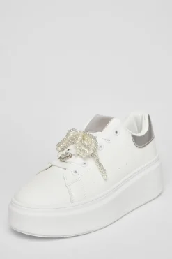 Quiz Flats|Trainers>White Diamante Faux Leather Trainers