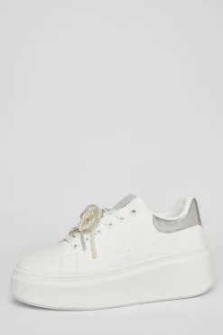 Quiz Flats|Trainers>White Diamante Faux Leather Trainers