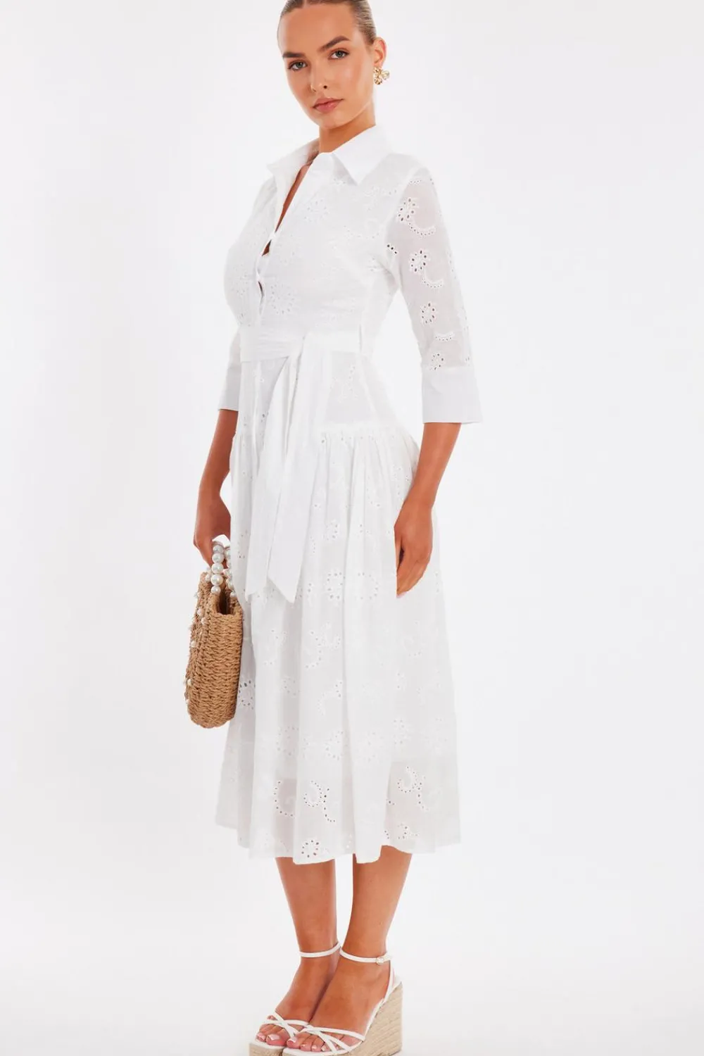 Quiz Day At The Races|Christening Guest>White Embroidered Midaxi Shirt Dress