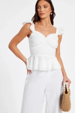 Quiz Day Tops|Summer Tops>White Embroidered Peplum Top