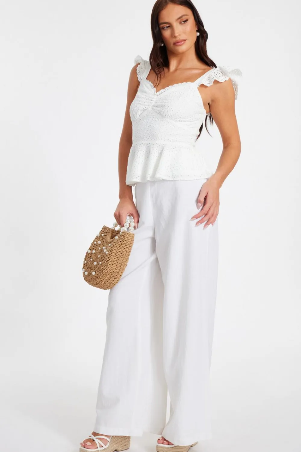Quiz Day Tops|Summer Tops>White Embroidered Peplum Top