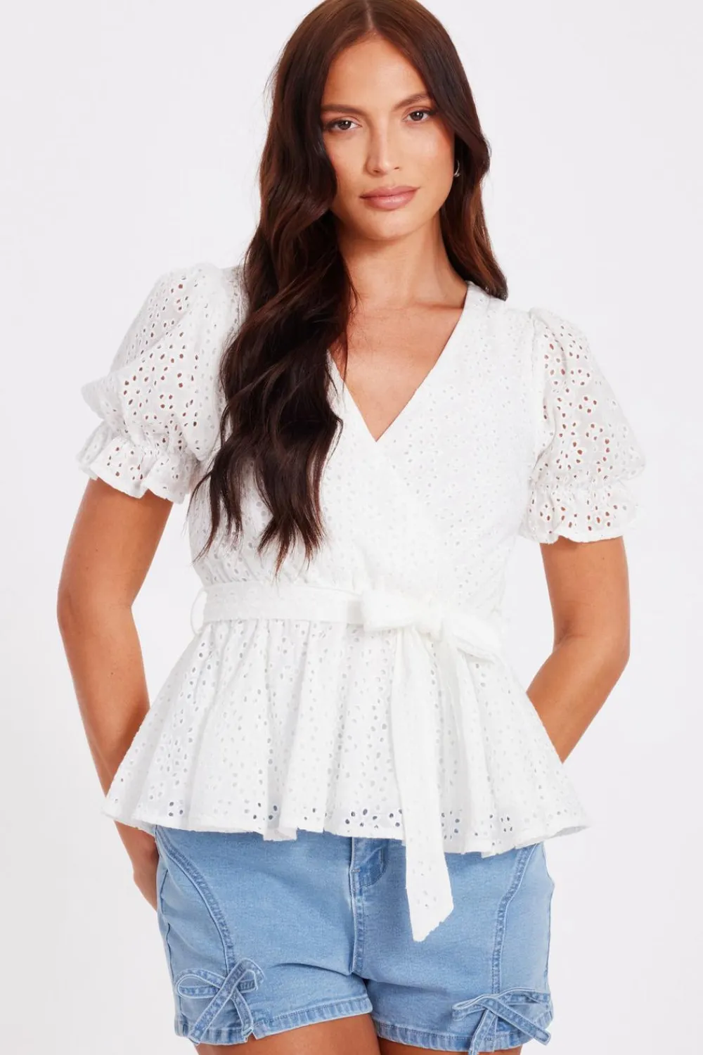 Quiz Summer Tops|Day Tops>White Embroidered Peplum Top