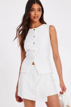 Quiz Waistcoat|Summer Tops>White Embroidered Waistcoat