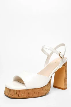 Quiz Holiday Shoes|Heels>White Faux Leather Cork Platform Heeled Sandals