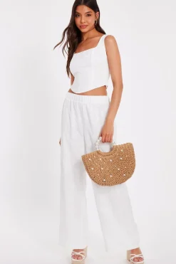 Quiz Trousers|Summer Clothes>White Floral Embroidered Palazzo Trousers