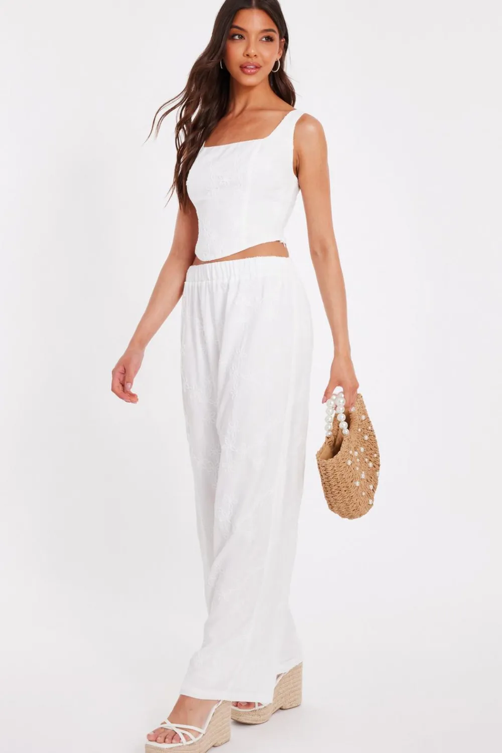 Quiz Summer Tops|Day Tops>White Floral Embroidered Crop Top