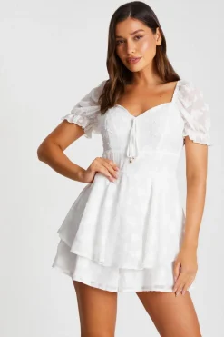 Quiz Summer Clothes|Holiday>White Floral Jacquard Tiered Playsuit