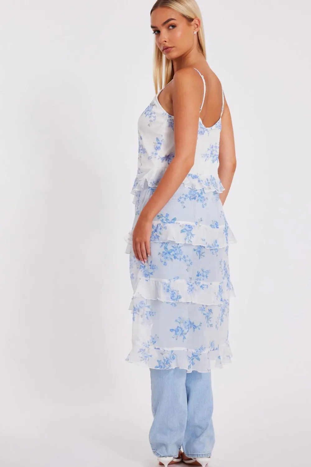 Quiz Summer Tops|Day Tops>White Floral Long Ruffle Top