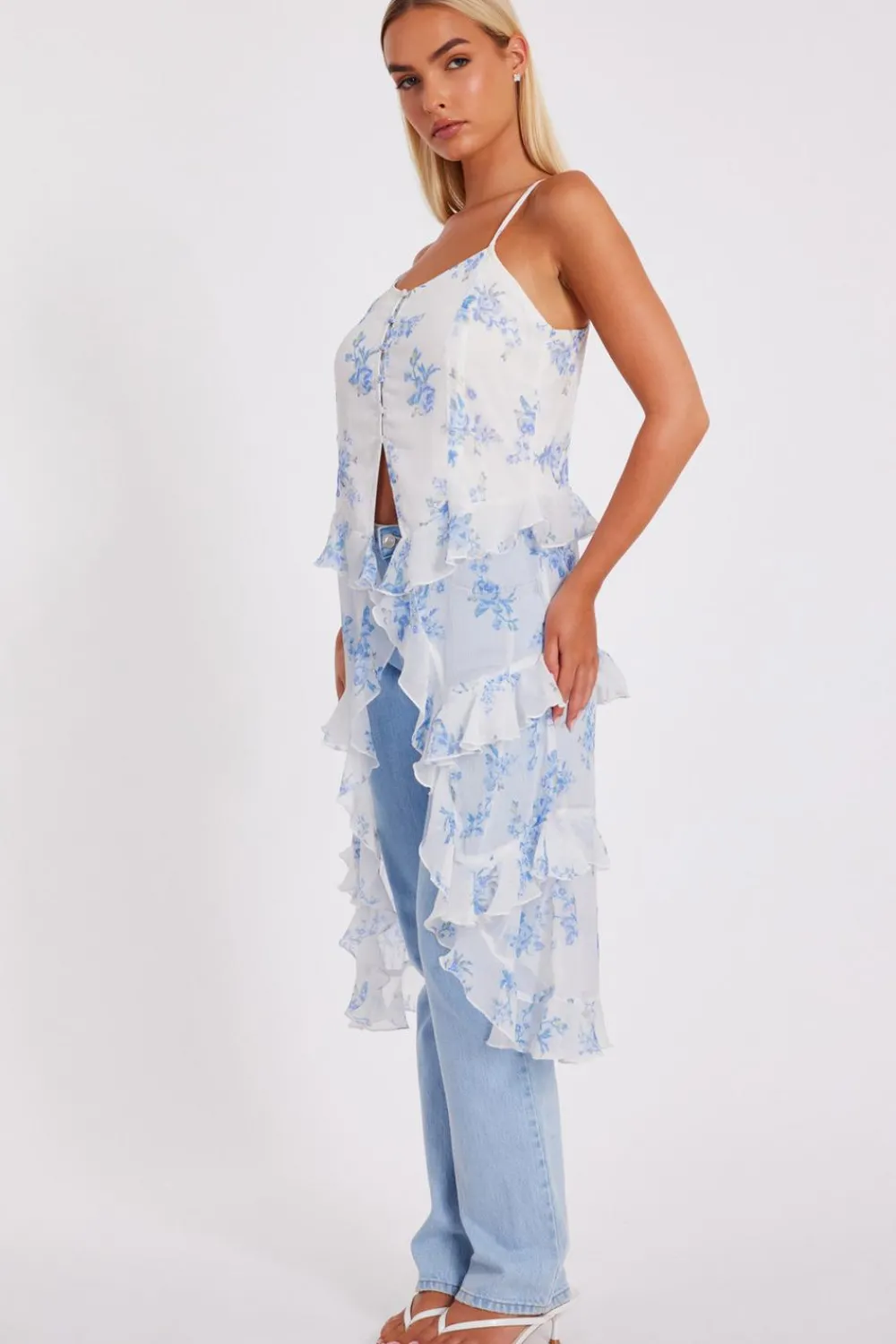 Quiz Summer Tops|Day Tops>White Floral Long Ruffle Top