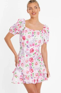 Quiz Summer Dresses|Mini Dresses>White Floral Puff Sleeve Dress