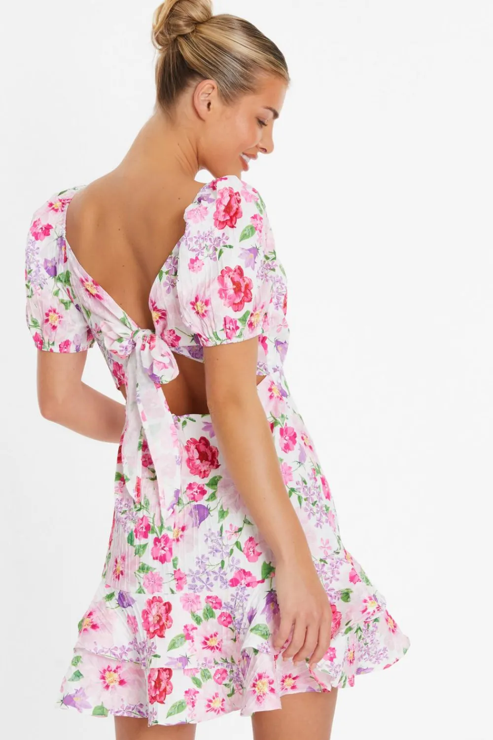 Quiz Summer Dresses|Mini Dresses>White Floral Puff Sleeve Dress