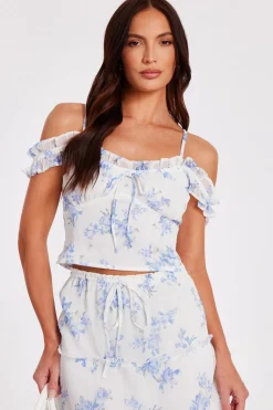 Quiz Day Tops|Crop Tops>White Floral Tie Front Top
