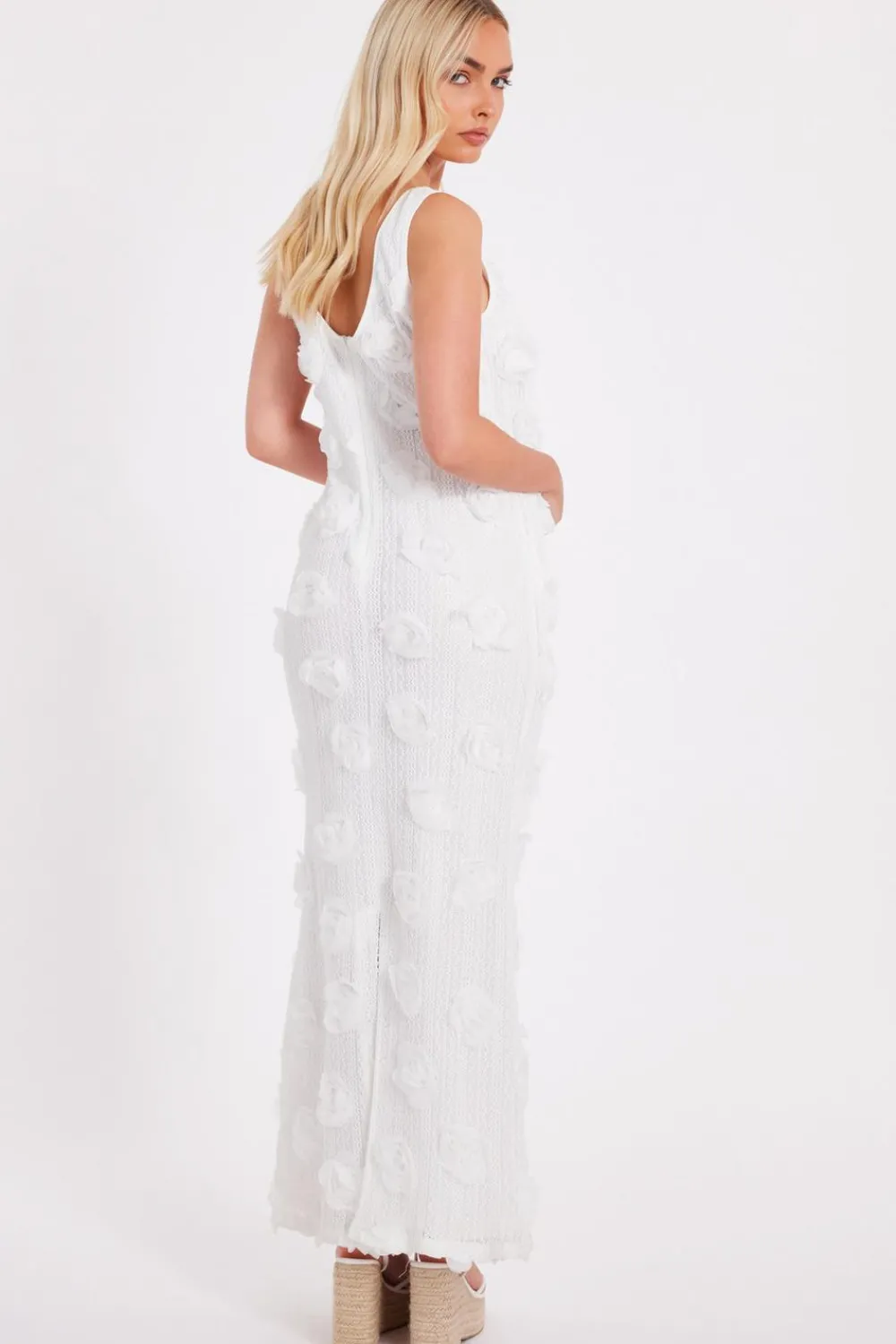 Quiz Day At The Races|Christening Guest>White Knitted Floral Midaxi Dress