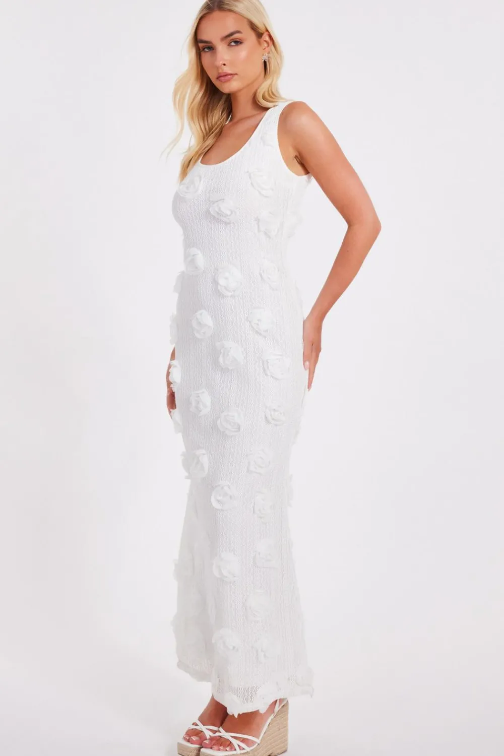 Quiz Day At The Races|Christening Guest>White Knitted Floral Midaxi Dress