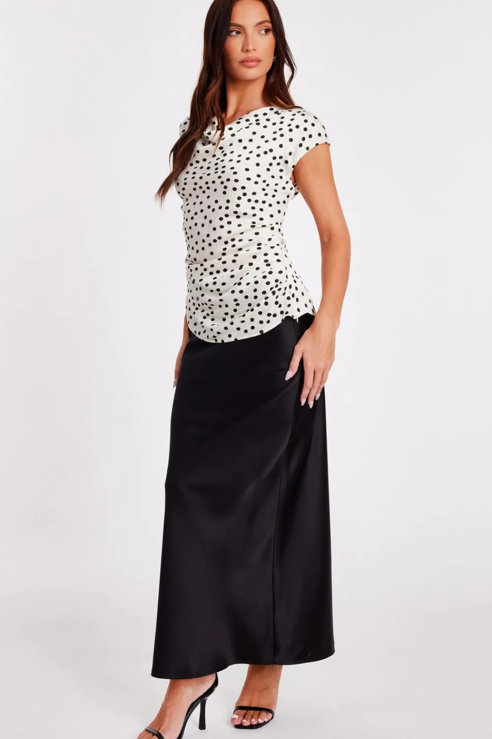 Quiz Going Out Tops|Day Tops>White Ruched Polka Dot Top