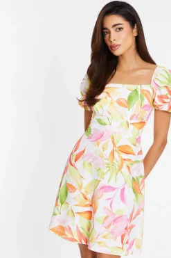Quiz White Dresses|Summer Dresses>White Tropical Print Skater Dress
