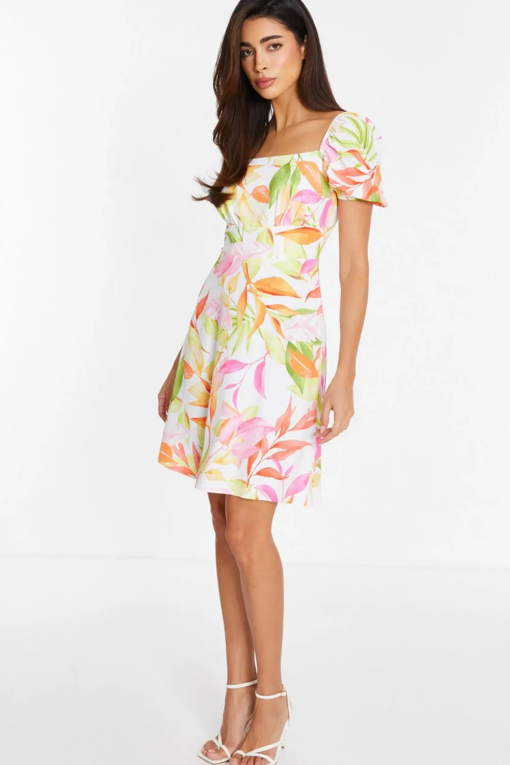 Quiz White Dresses|Summer Dresses>White Tropical Print Skater Dress