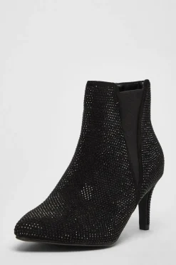 Quiz Wide Fit|Boots>Wide Fit Black Diamante Ankle Boots