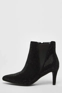 Quiz Wide Fit|Boots>Wide Fit Black Diamante Ankle Boots