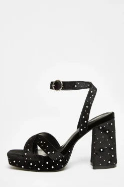 Quiz Wide Fit|Sandals>Wide Fit Black Diamante Block Heels