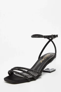 Quiz Wide Fit|Sandals>Wide Fit Black Diamante Low Heeled Sandal