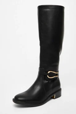 Quiz Wide Fit|Boots>Wide Fit Black Faux Leather Knee High Flat Boots