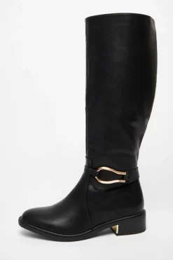 Quiz Wide Fit|Boots>Wide Fit Black Faux Leather Knee High Flat Boots